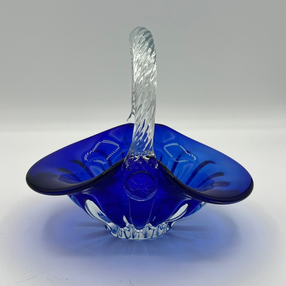 Vintage MCM‎ Cobalt Blue Glass Basket Twisted Clear Handle Ruffled Ribbed Bowl
